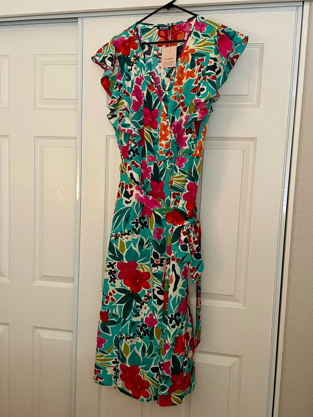 Bloom Chic Floral Wrap Midi Dress - Teal with Pink & Red Flowers